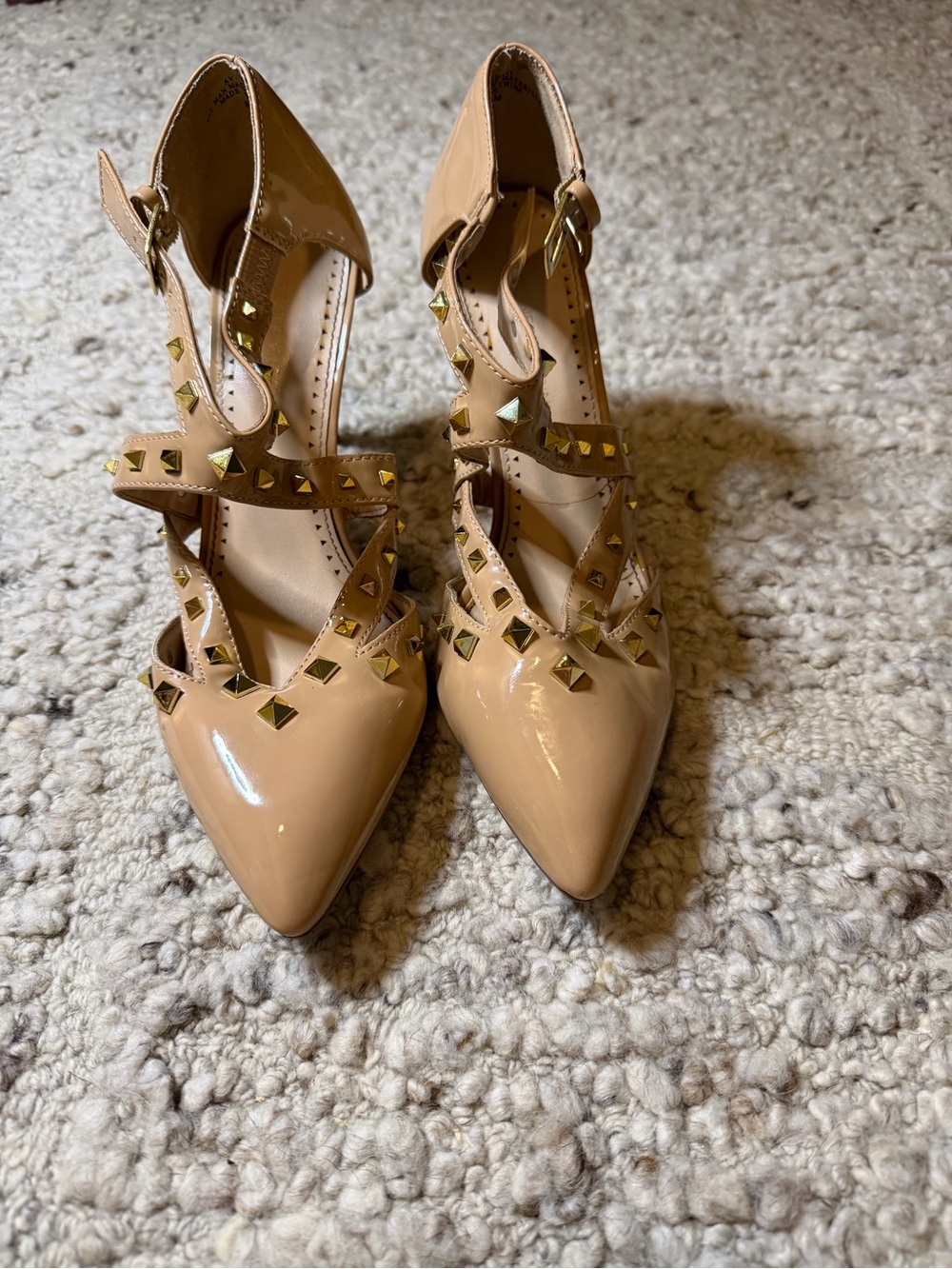 Adrienne Vittadini Nude Patent Pointed-Toe Studded Ankle-Strap Pumps